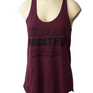 AMERICAN APPAREL sz Medium Jr Tank Top “Happy Healthy Vegan” Wine Color